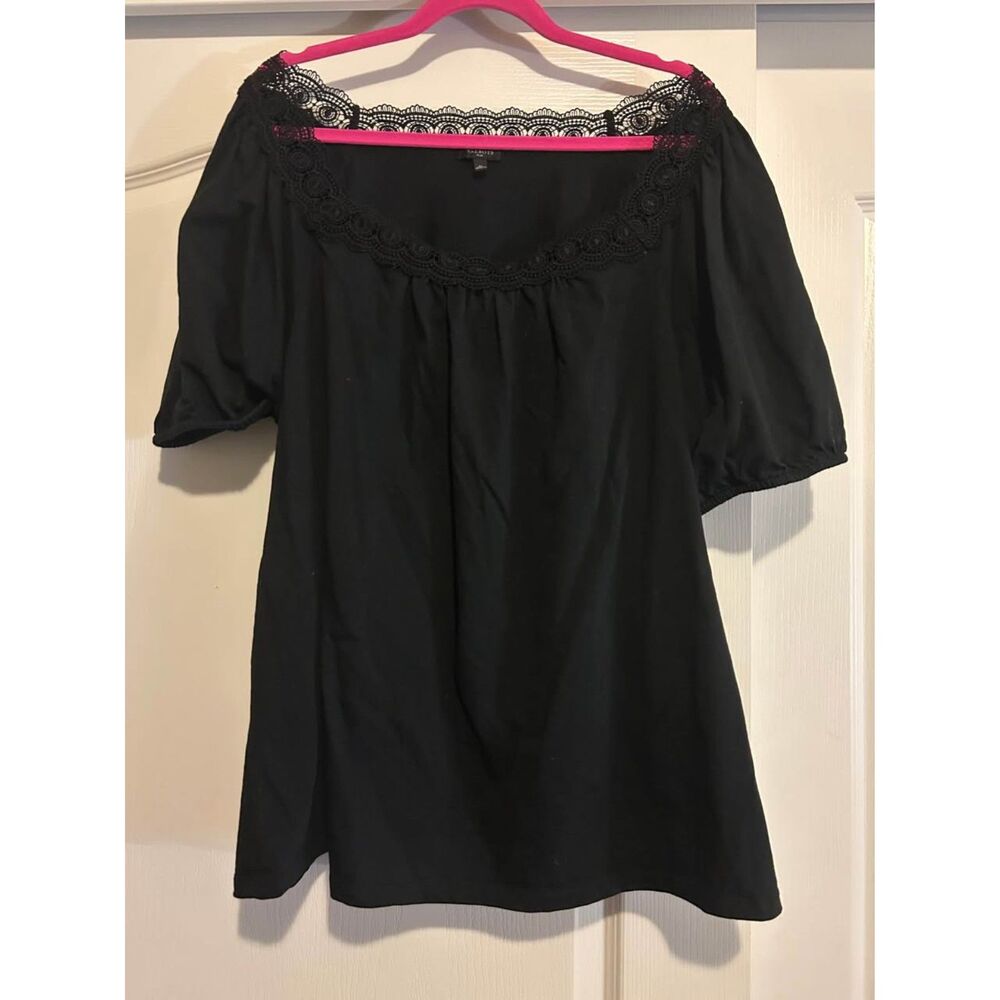 Talbots black lace trim peasant short sleeve blouse top shirt woman's size 2X - Picture 2 of 7